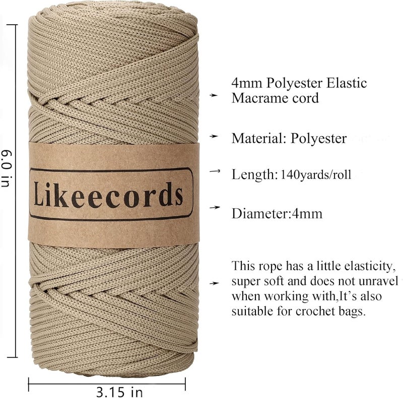 Likeecords 3 خيوط من حبل ماكرامي مضفر بوليستر 4 مم 140 ياردة / 426 قدم، خيط مرن للحياكة، حبل لحقائب الحرف اليدوية، حوامل النباتات، الحقائب، وزينة المنزل (كاكي) - Image 2